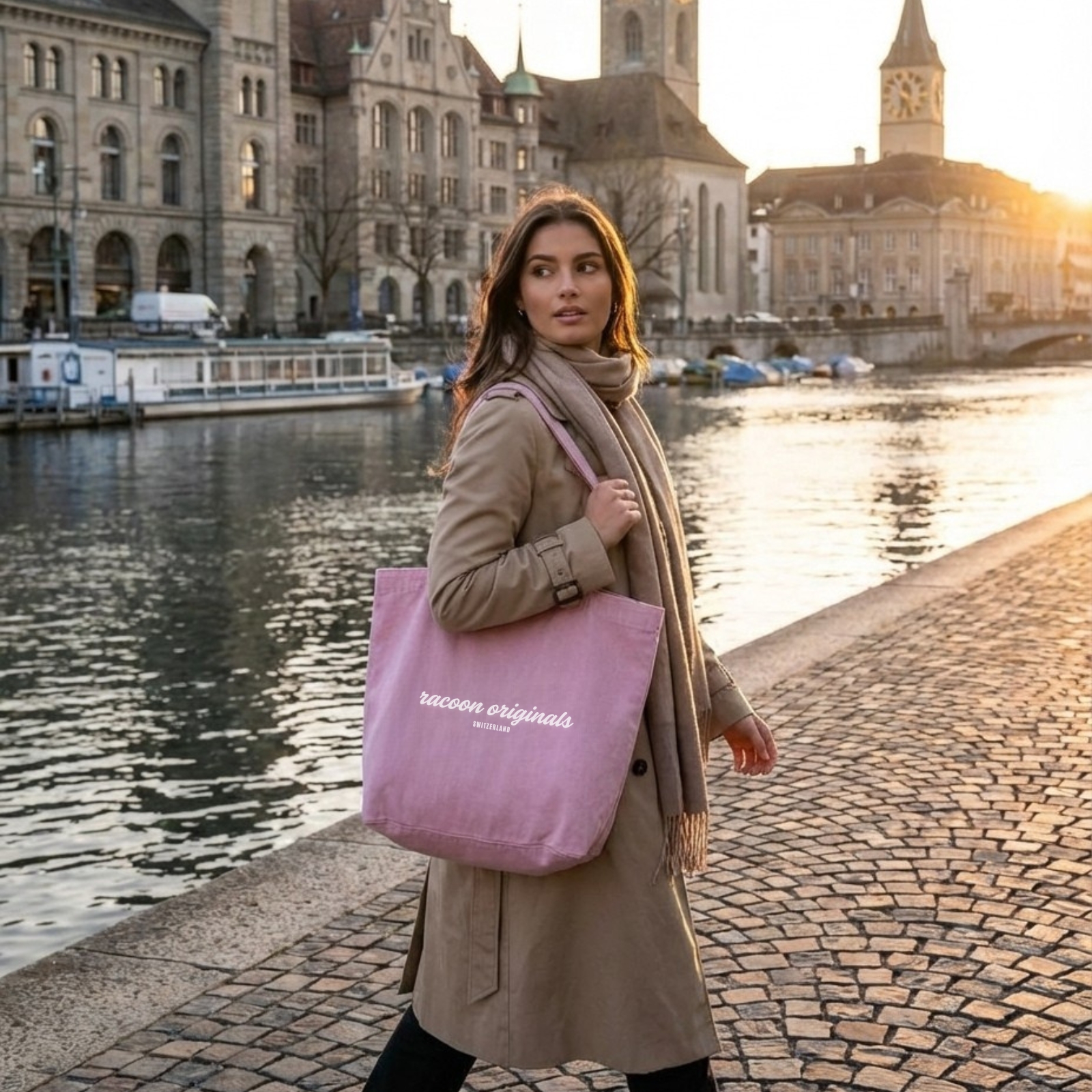 Tote-Tasche, rosa Tasche, Stadtansicht, Mantel, Schal