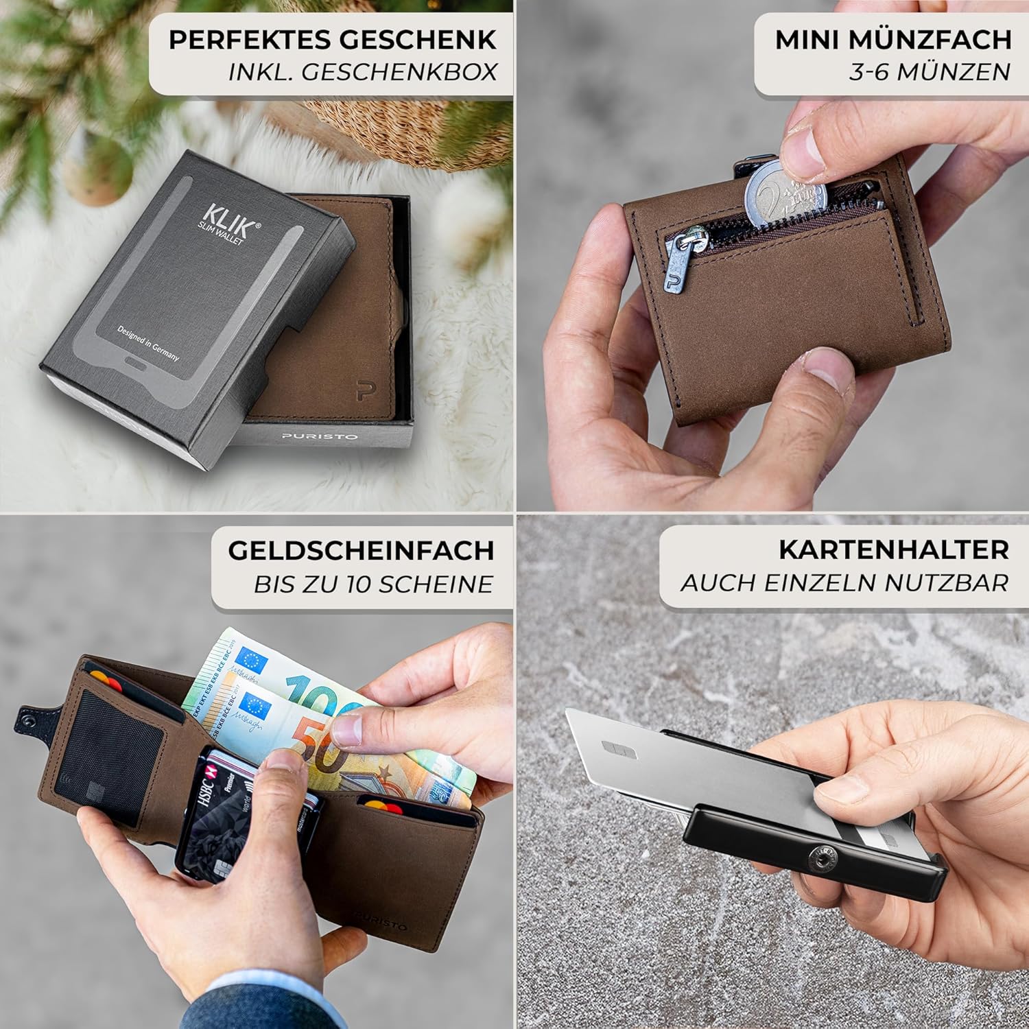 Klip Geldbörse, Mini Geldbörse, Kartenhalter, Leder Wallet, Geldbörse mit Münzfach, Portemonnaie, Geldbörse, Kartenhalter, Kreditkartenfach, Münzfach