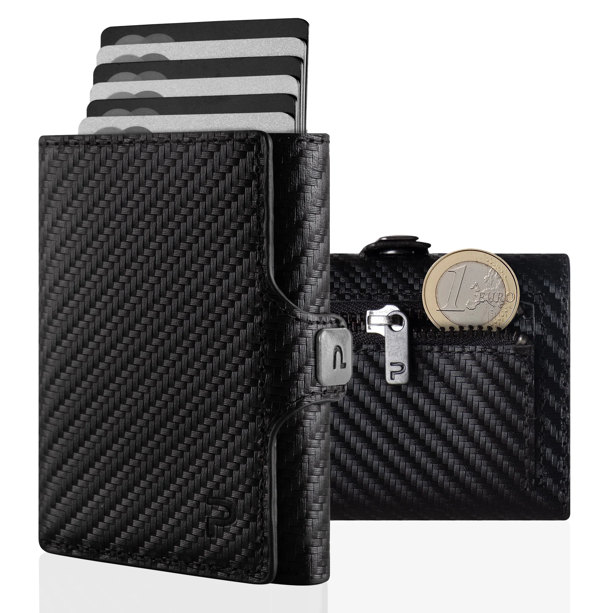 wallet, card holder, coin pocket, black, carbon fiber pattern, Geldbörse, Kartenhalter, Karbonfaser, Münzfach, Schnappverschluss