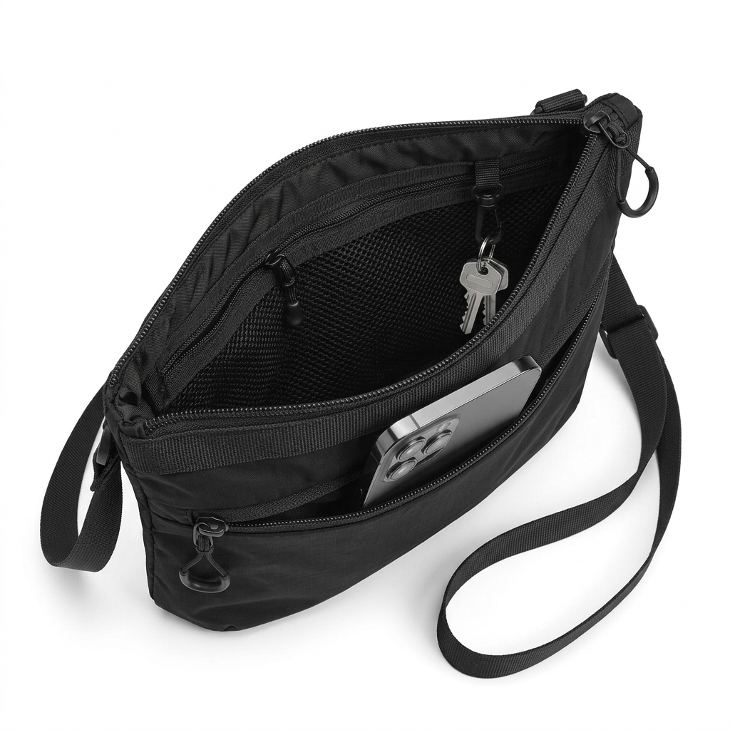 Umhängetasche, Messenger Bag, schwarz, Reißverschluss, Schlüsselkette, Umhängetasche, Messenger Bag, Nylon, Schwarz, Reißverschluss