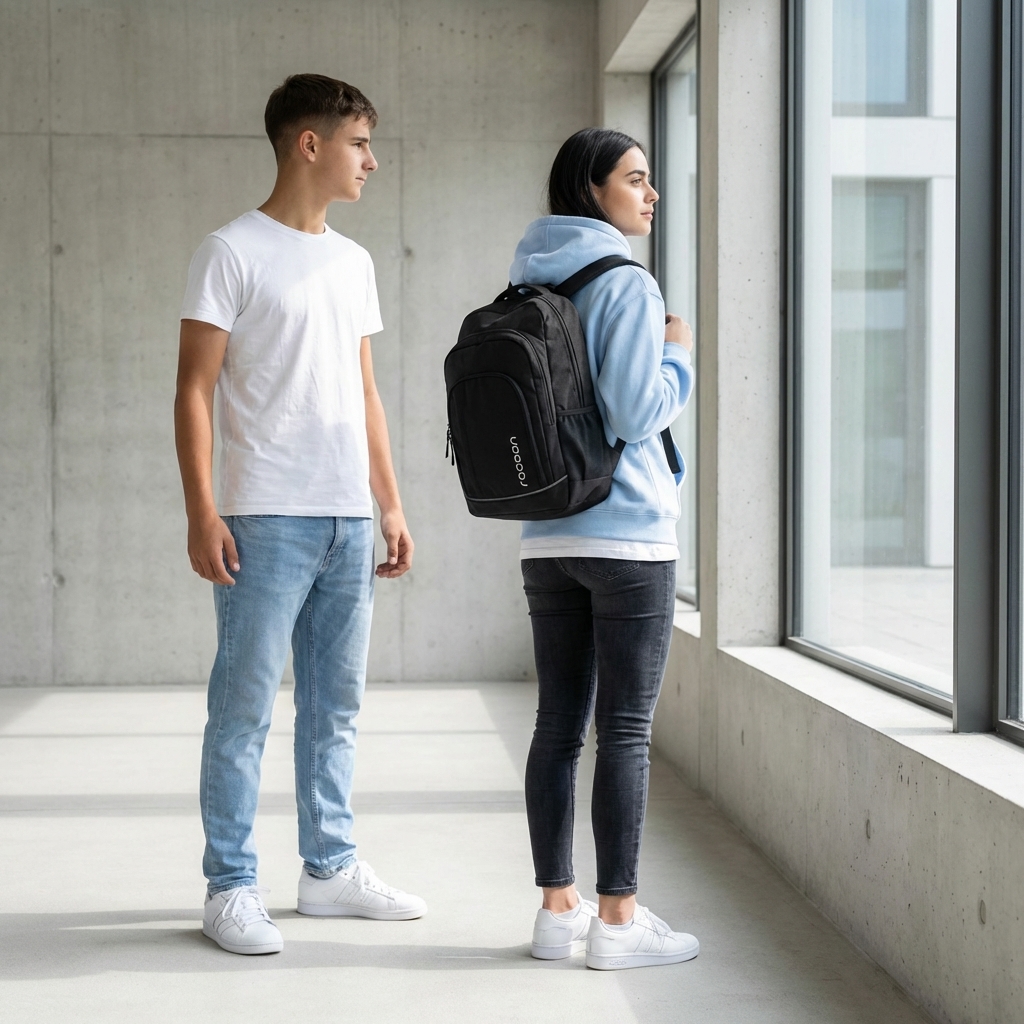 Rucksack, schwarzer Rucksack, Studenten, Casualoutfit, weiße Sneaker, Rucksack, schwarzer Rucksack, Schulrucksack, Schüler, freizeitoutfit, Rucksack, Schwarz, Universität, Schulrucksack, Lehrertasche